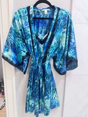 Oscar de la Renta Blue Satin Abstract Print Chemise & Robe Set Small never worn